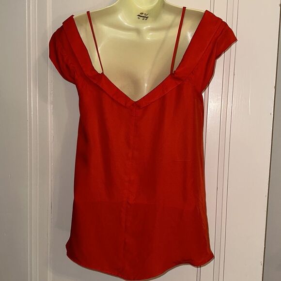 Paper Crown tomato red lyocell/cupro short sleeve off shoulder blouse - Picture 6 of 8